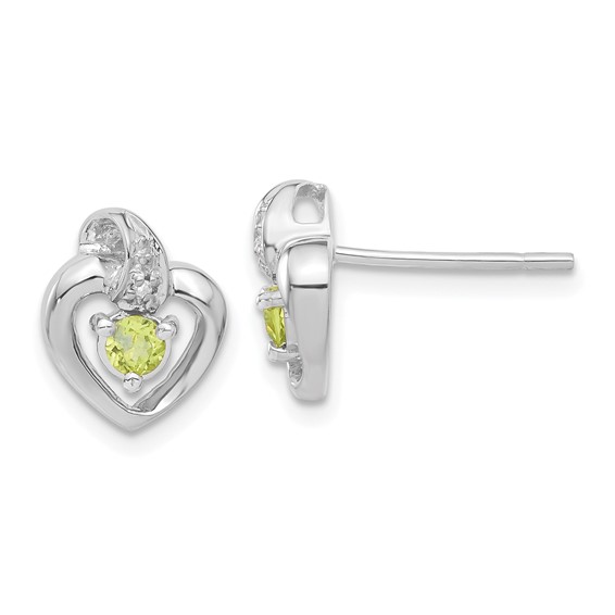 14k White Gold Diamond & Peridot August Birthstone Heart Earrings