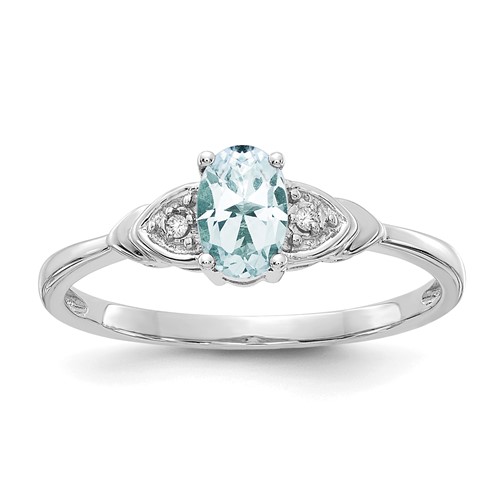14K White Gold 6x 4 Oval March Aquamarine and Diamond Ring