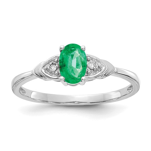 14K White Gold 6x 4 Oval May Emerald and Diamond Ring