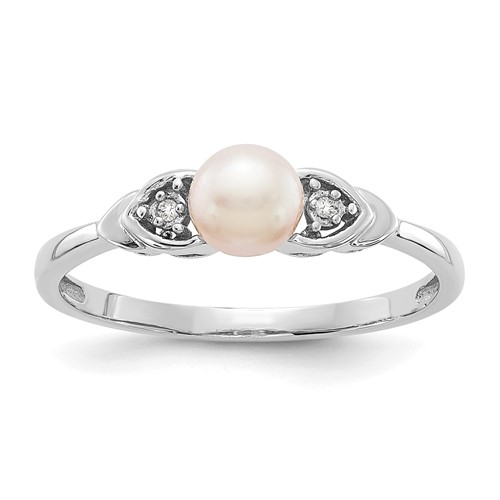 14K White Gold 5mm June Freshwater Cultured Pearl and Diamond Ring