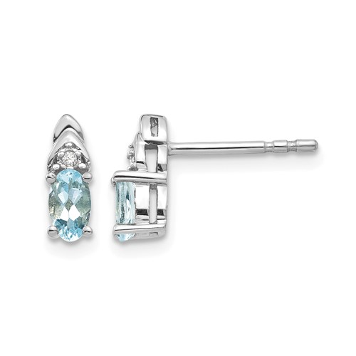 14K White Gold 5x 3 Oval March Aquamarine and Diamond Post Earrings