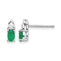 14K White Gold 5x 3 Oval May Emerald and Diamond Post Earrings view 1