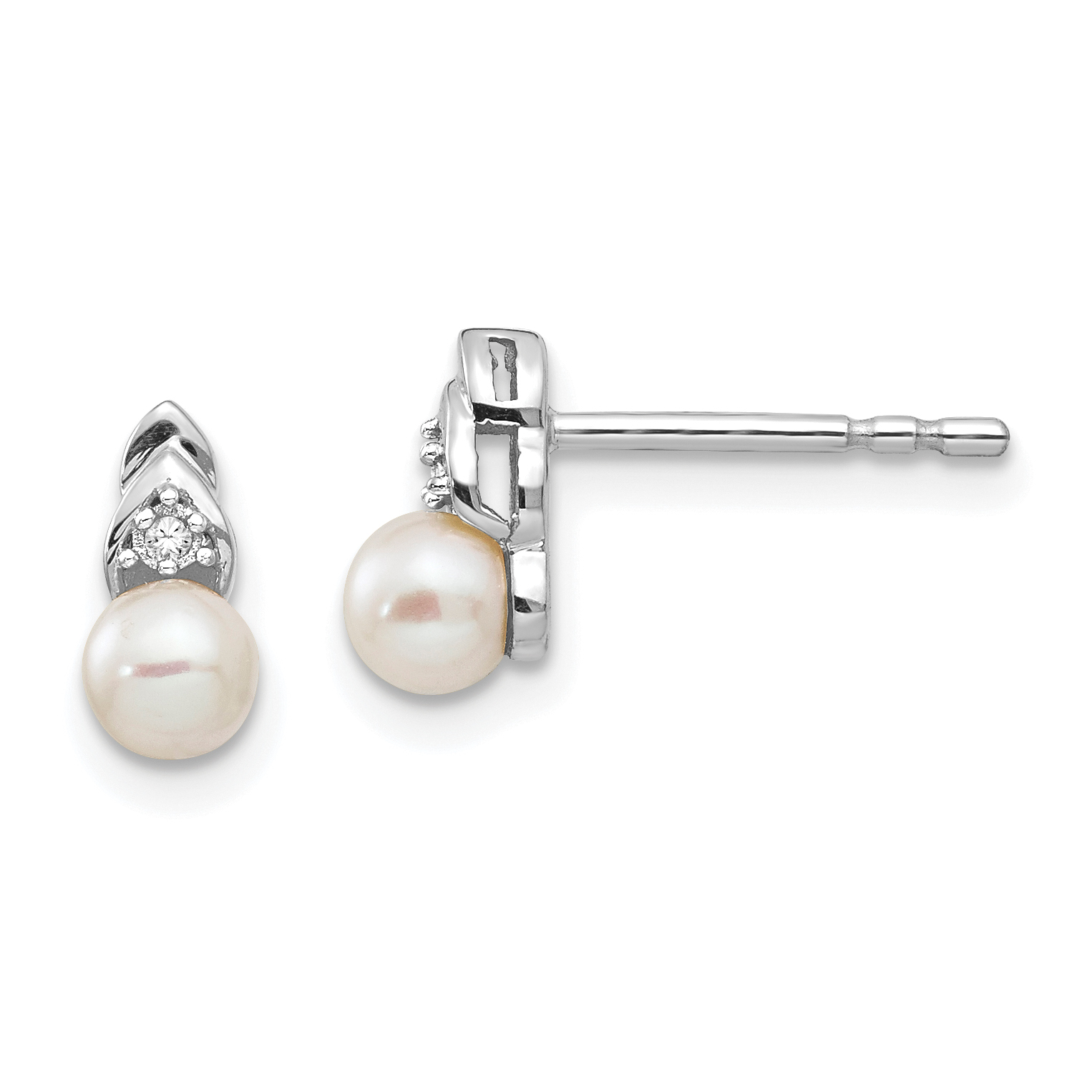 14k White Gold FW Cultured Pearl and Diamond Post Earrings (XBS238)