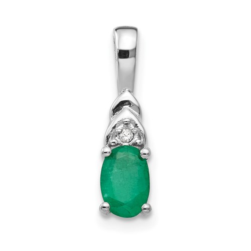14K White Gold 6x 4 Oval May Emerald and Diamond Pendant