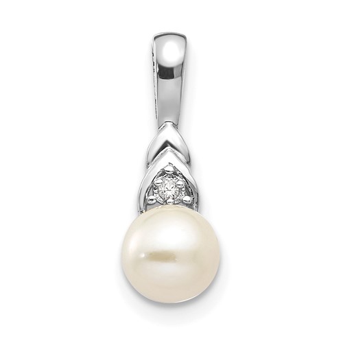 14K White Gold 6mm June Freshwater Cultured Pearl and Diamond Pendant