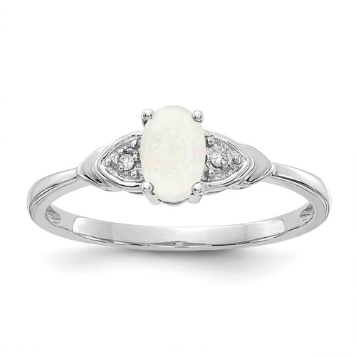 14K White Gold 6x 4 Oval October Opal and Diamond Ring