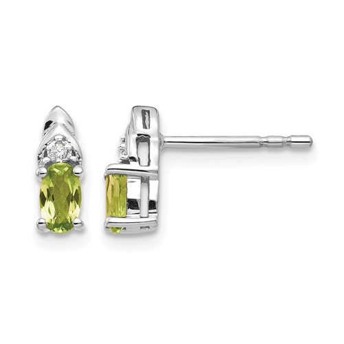 14K White Gold 5x 3 Oval August Peridot and Diamond Post Earrings