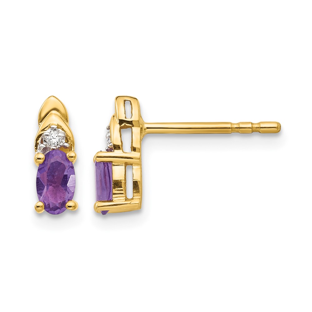 14K Yellow Gold 5x3 Oval February Amethyst and Diamond Post Earrings