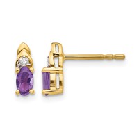 14K Yellow Gold 5x3 Oval February Amethyst and Diamond Post Earrings view 1