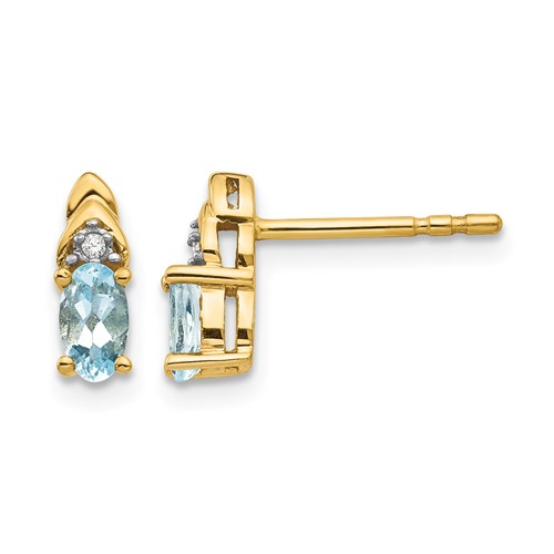 14K Yellow Gold 5x 3 Oval March Aquamarine and Diamond Post Earrings
