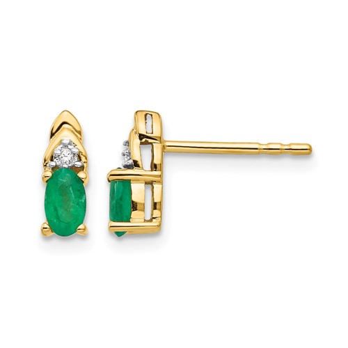 14K Yellow Gold 5x 3 Oval May Emerald and Diamond Post Earrings