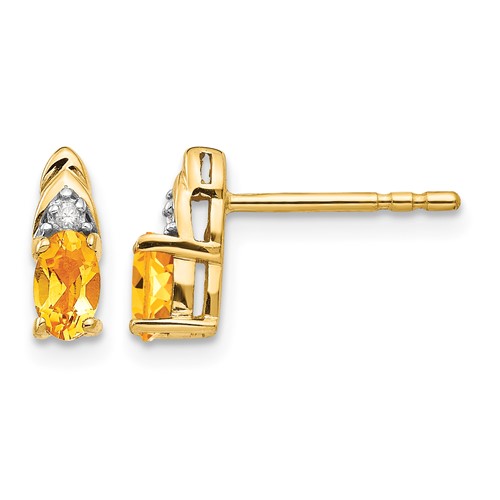 14K Yellow Gold 5x 3 Oval November Citrine and Diamond Post Earrings
