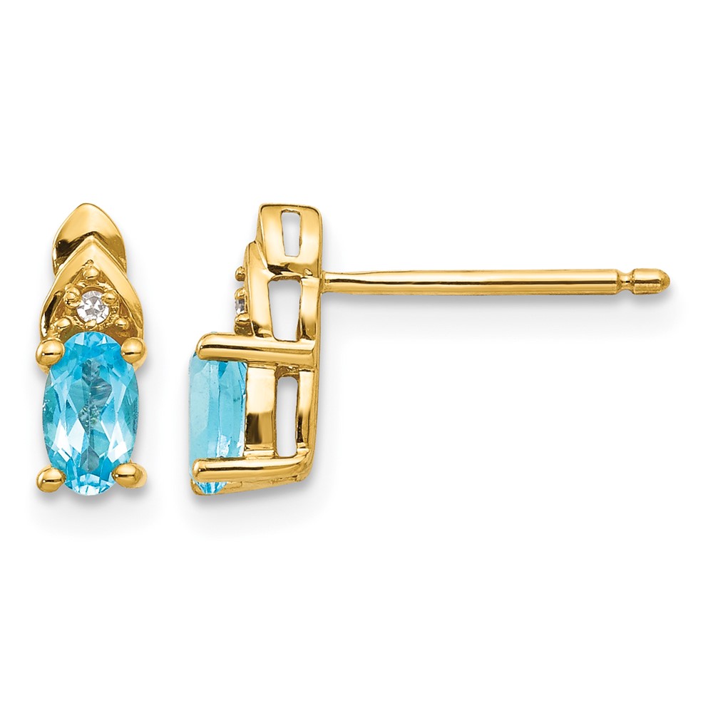 14K Yellow Gold 5x 3 Oval December Blue Topaz and Diamond Post Earrings