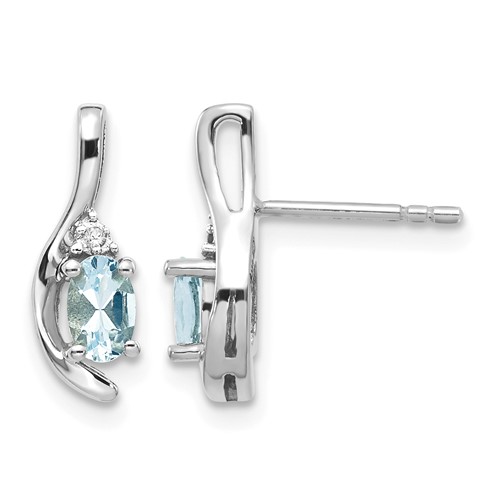 14K White Gold 5x 3 Oval March Aquamarine and Diamond Post Earrings