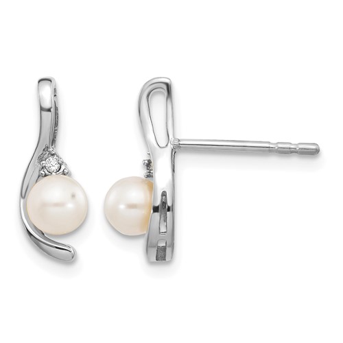 14K White Gold 4.5mm June Freshwater Cultured Pearl and Diamond Post Earrings