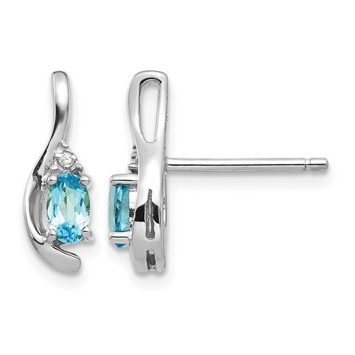 14K White Gold 5x 3 Oval December Blue Topaz and Diamond Post Earrings