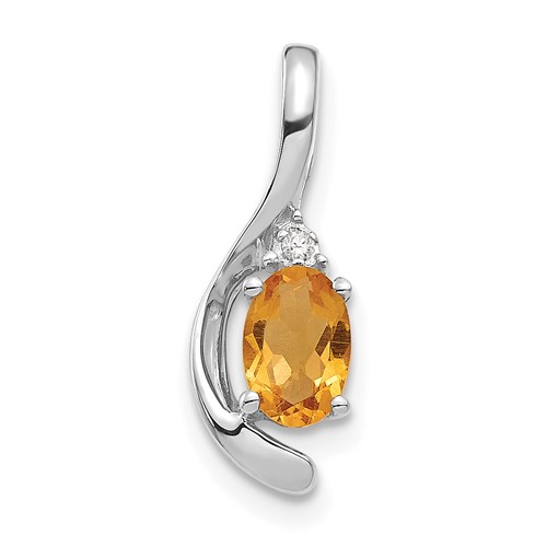 14K White Gold 6x 4 Oval November Citrine and Diamond Pendant