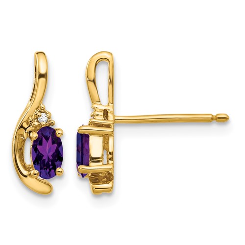 14K Yellow Gold 5x 3 Oval February Amethyst and Diamond Post Earrings