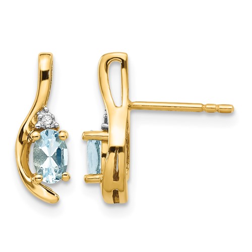 14K Yellow Gold 5x 3 Oval March Aquamarine and Diamond Post Earrings
