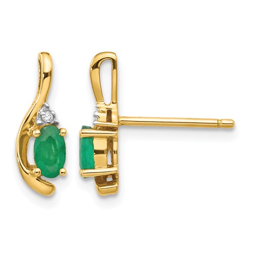 14K Yellow Gold 5x 3 Oval May Emerald and Diamond Post Earrings