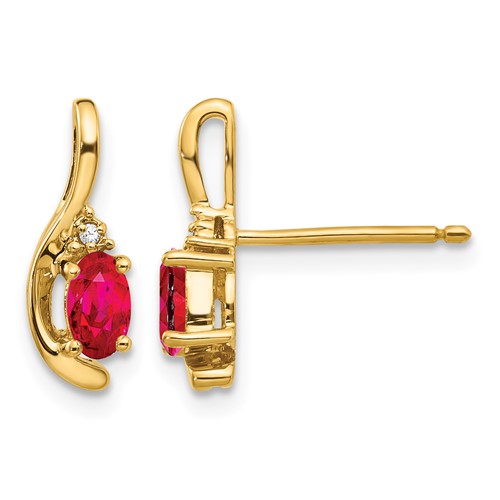 14K Yellow Gold 5x 3 Oval July Ruby and Diamond Post Earrings