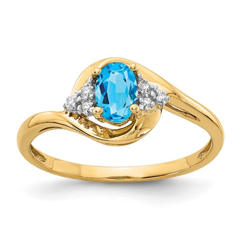 14K Yellow Gold 6x 4 Oval December Blue Topaz and Diamond Ring