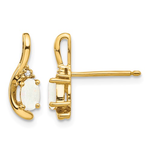 14K Yellow Gold 5x 3 Oval October Opal and Diamond Post Earrings