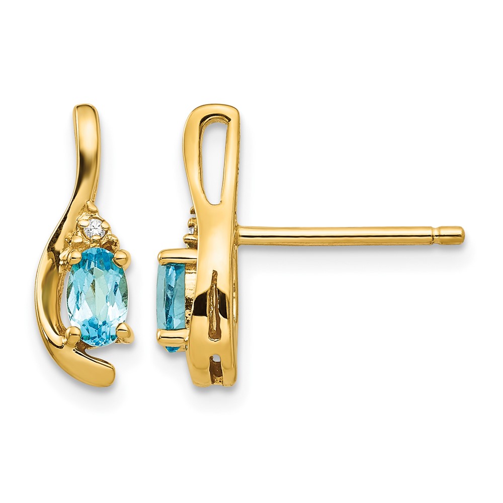 14K Yellow Gold 5x 3 Oval December Blue Topaz and Diamond Post Earrings