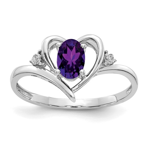 14K White Gold 6x 4 Oval February Amethyst and Diamond Heart Ring
