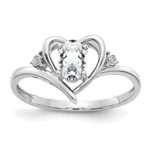14K White Gold 6x 4 Oval April White Topaz and Diamond Heart Ring
