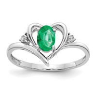 14K White Gold 6x 4 Oval May Emerald and Diamond Heart Ring view 1