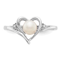 14K White Gold 5.5mm June Freshwater Cultured Pearl and Diamond Heart Ring view 5
