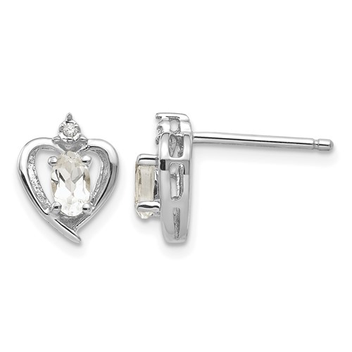 14K White Gold 5x 3 Oval April White Topaz and Diamond Heart Earrings
