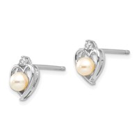 14K White Gold 4.5mm June Freshwater Cultured Pearl and Diamond Heart Earrings view 2