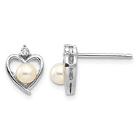 14K White Gold 4.5mm June Freshwater Cultured Pearl and Diamond Heart Earrings view 1