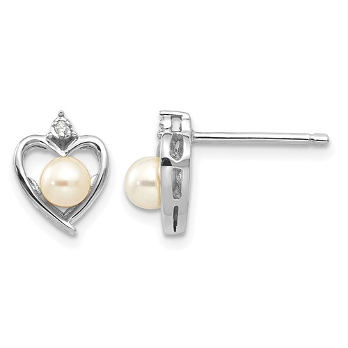 14K White Gold 4.5mm June Freshwater Cultured Pearl and Diamond Heart Earrings