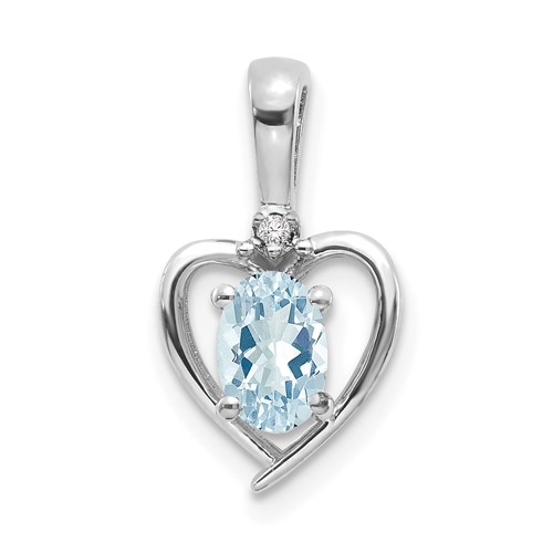 14K White Gold 6x 4 Oval March Aquamarine and Diamond Heart Pendant
