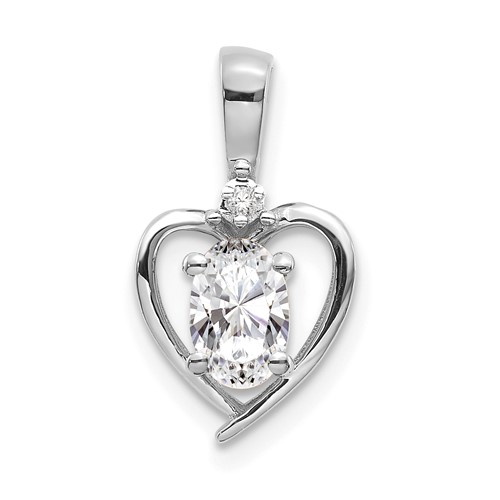 14K White Gold 6x 4 Oval April White Topaz and Diamond Heart Pendant