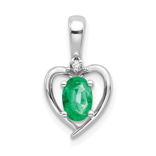 14K White Gold 6x 4 Oval May Emerald and Diamond Heart Pendant