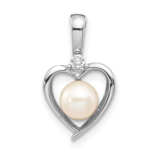 14K White Gold 5.5mm June Freshwater Cultured Pearl and Diamond Heart Pendant