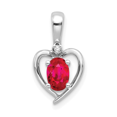 14K White Gold 6x 4 Oval July Ruby and Diamond Heart Pendant