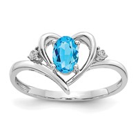 14K White Gold 6x 4 Oval December Blue Topaz and Diamond Heart Ring view 1