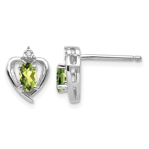 14K White Gold 5x 3 Oval August Peridot and Diamond Heart Earrings