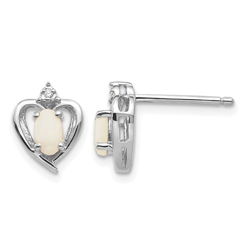 14K White Gold 5x 3 Oval October Opal and Diamond Heart Earrings