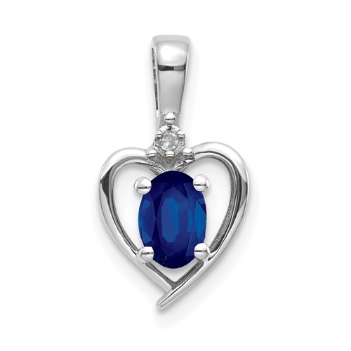 14K White Gold 6x 4 Oval September Sapphire and Diamond Heart Pendant