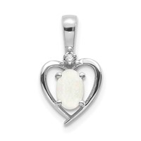 14K White Gold 6x 4 Oval October Opal and Diamond Heart Pendant view 1