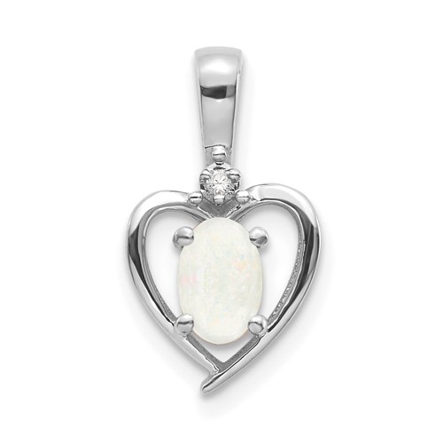 14K White Gold 6x 4 Oval October Opal and Diamond Heart Pendant