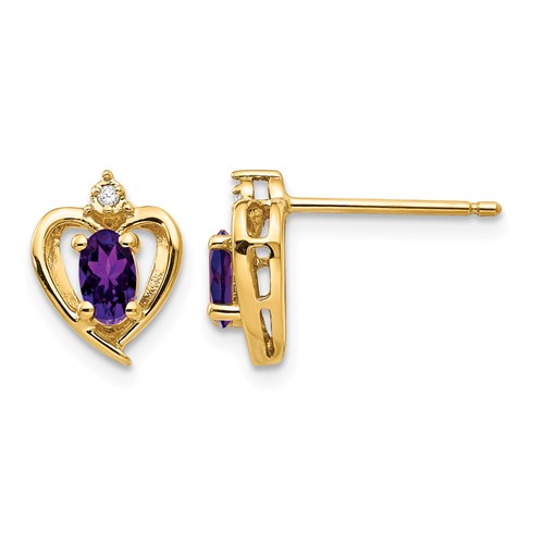 14K Yellow Gold 5x 3 Oval February Amethyst and Diamond Heart Earrings