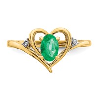 14K Yellow Gold 6x4 Oval May Emerald and Diamond Heart Ring view 5
