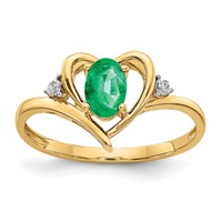 14K Yellow Gold 6x4 Oval May Emerald and Diamond Heart Ring view 1